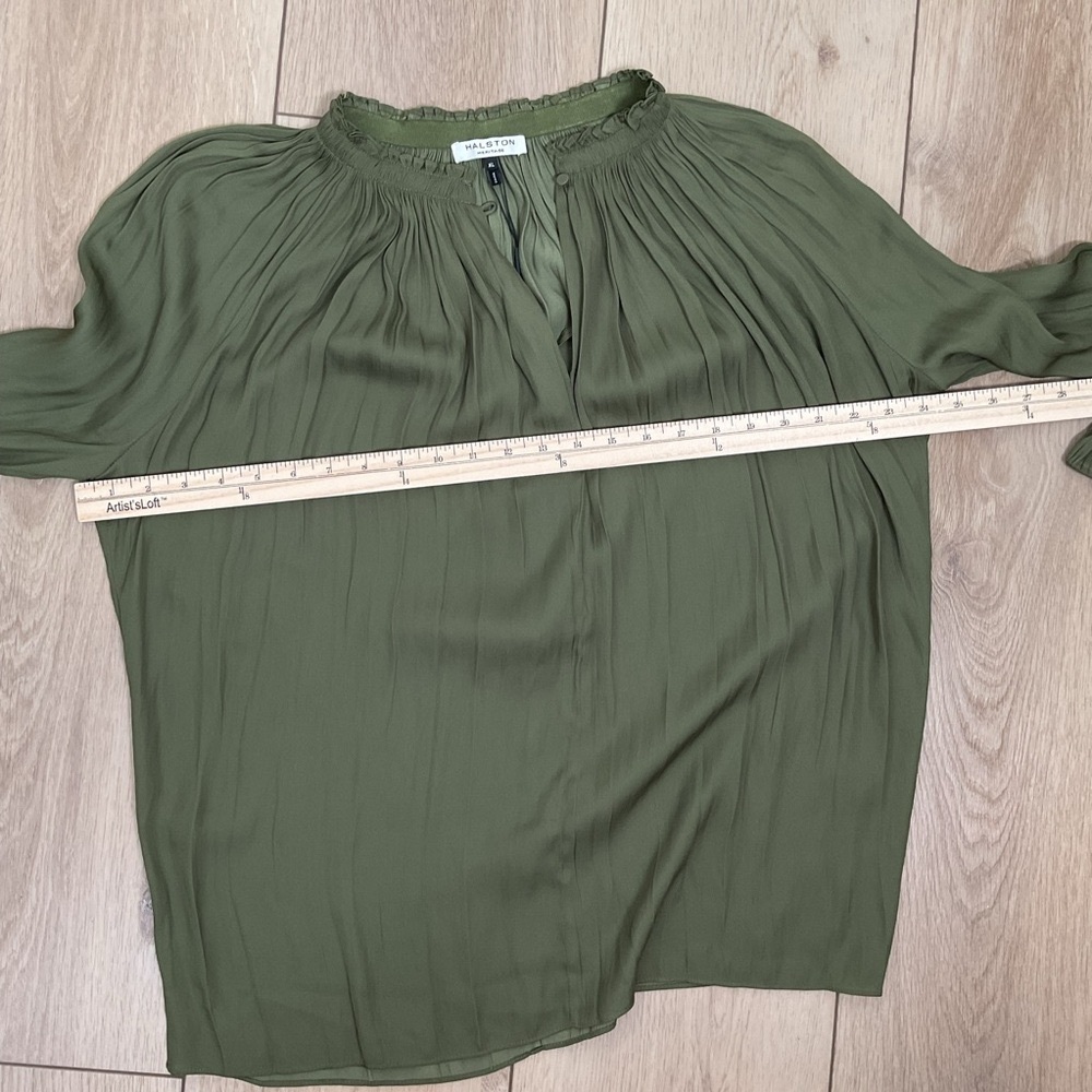Halston Heritage Olive Green Long-Sleeve Silk Blouse - Picture 13 of 16